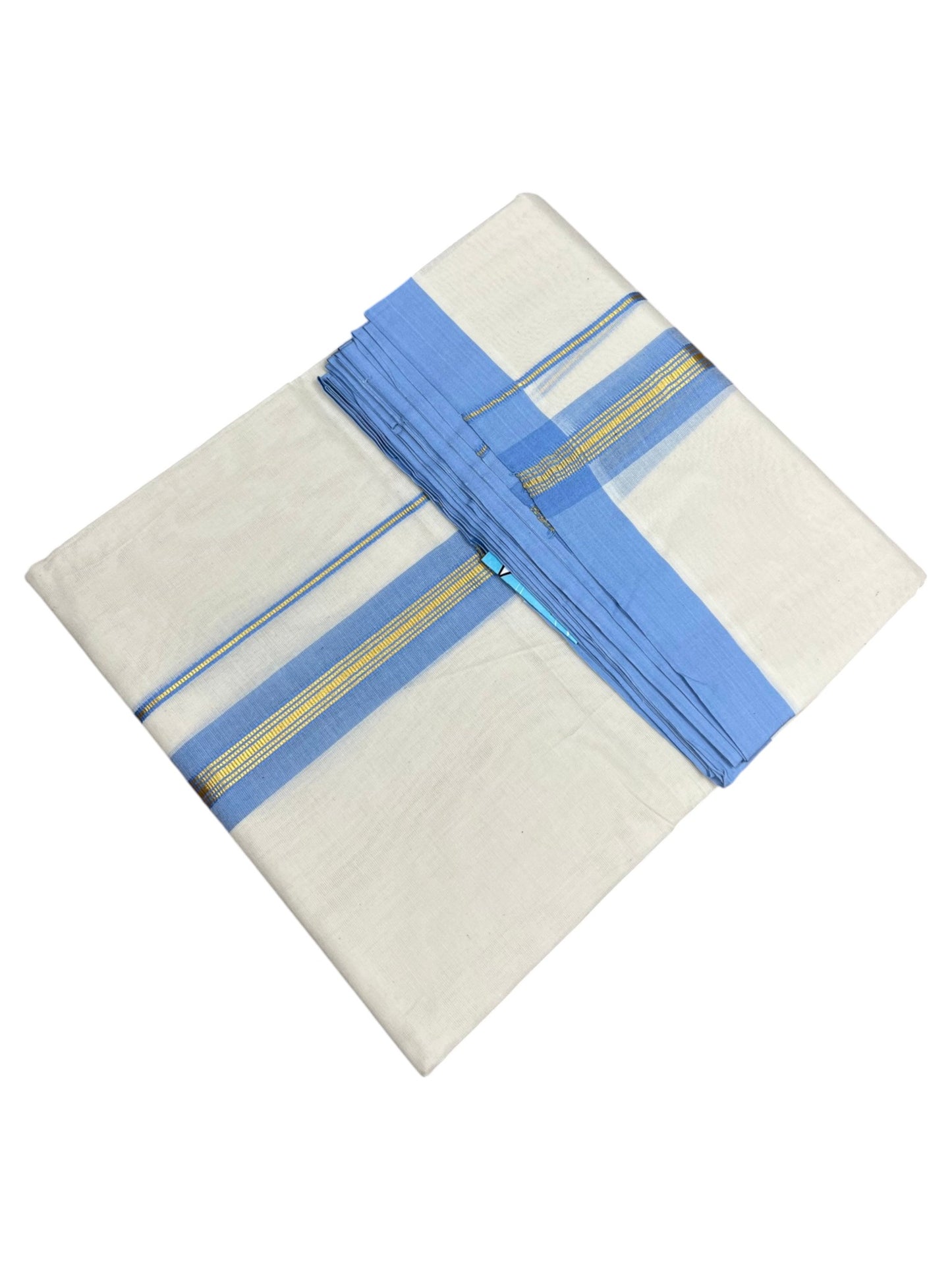 Southloom Pure Cotton Mundu with Gold Lines and Blue Border (South Indian Kerala Dhoti)