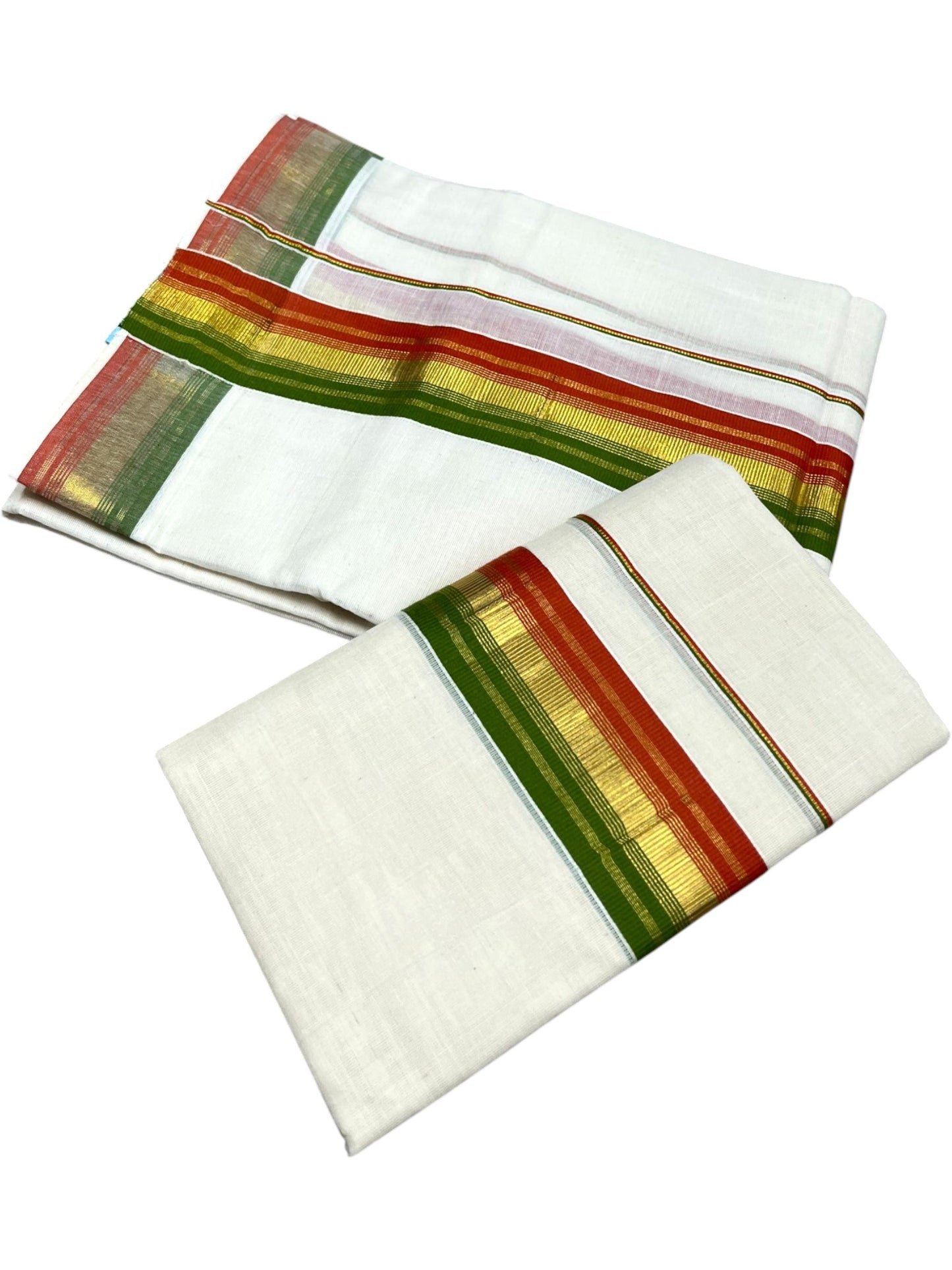 Southloom Kerala Cotton Kasavu Single Set Mundu (Mundum Neriyathum) with Orange and Olive Green Kasavu Border SLKK SL480