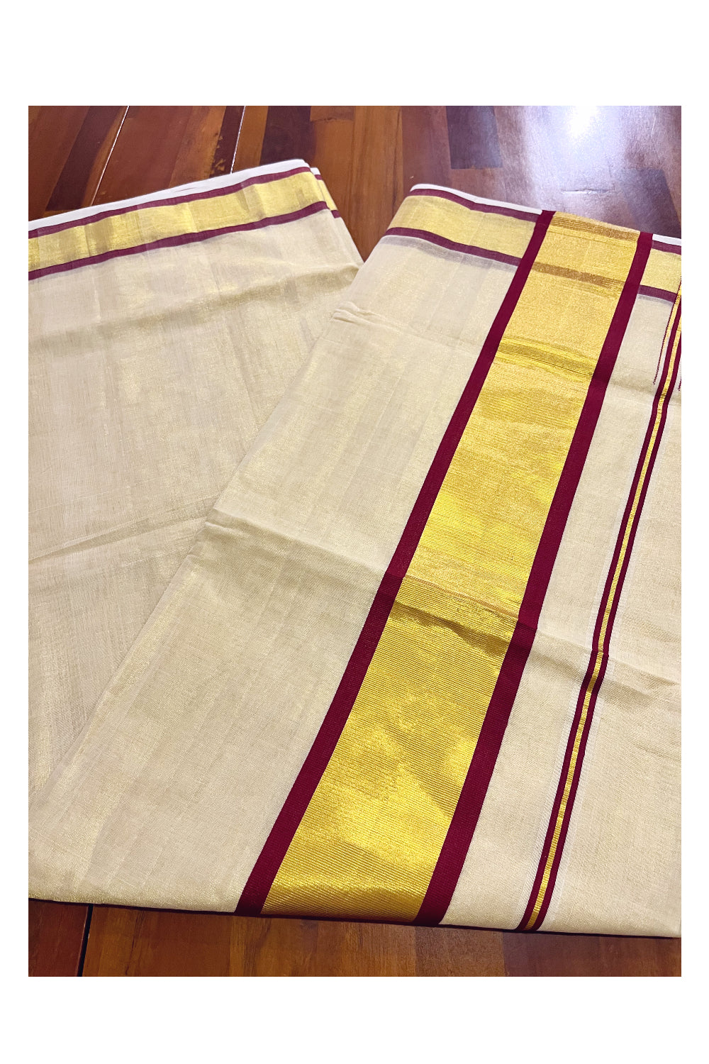 Southloom™ Premium Handloom Tissue Saree with Kasavu and Maroon Border