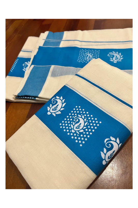 Kerala Cotton Single Set Mundu (Mundum Neriyathum) with Block Prints on Blue Border