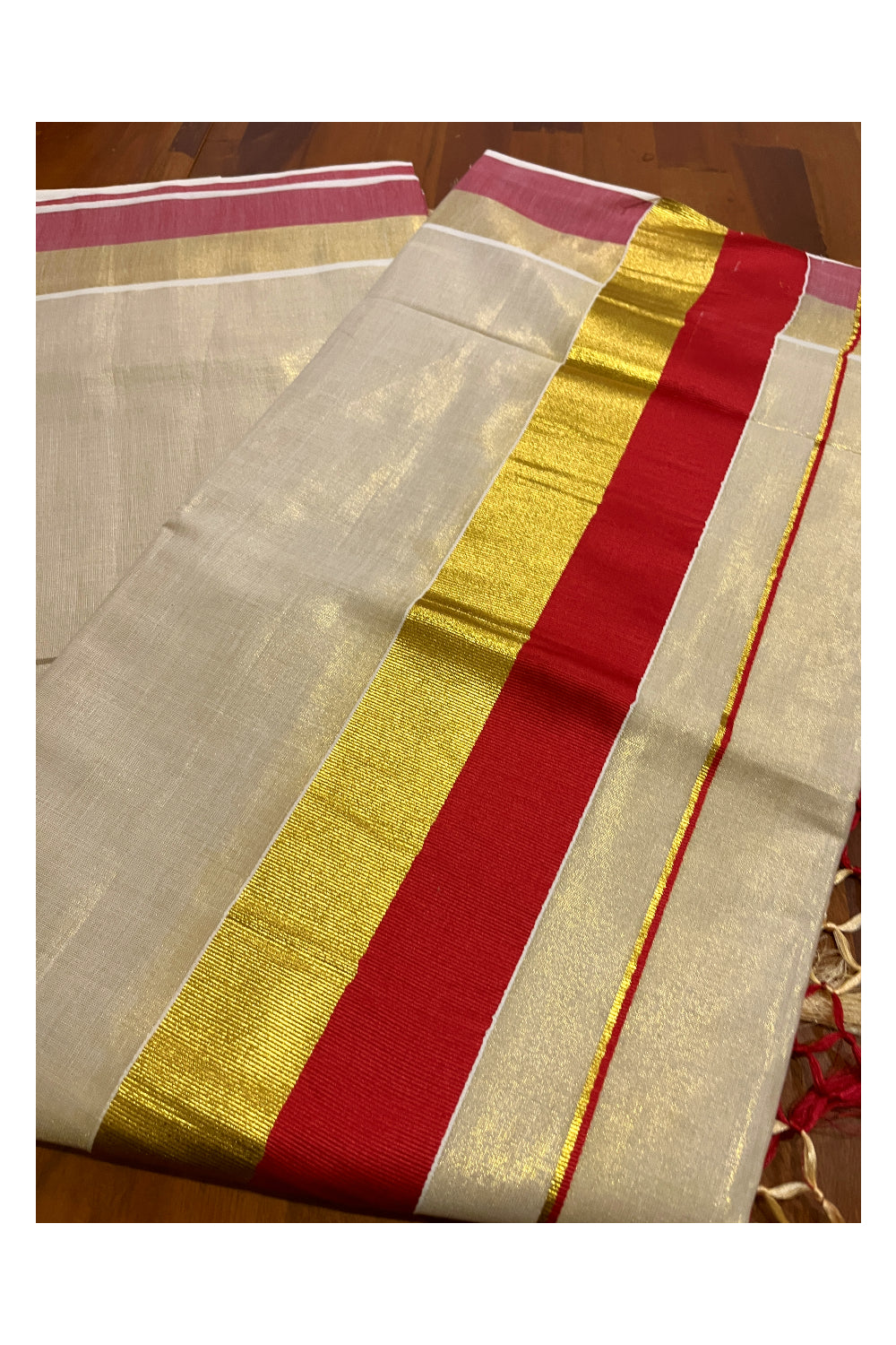 Kerala Tissue Kasavu Plain Saree with Kasavu and Red Border