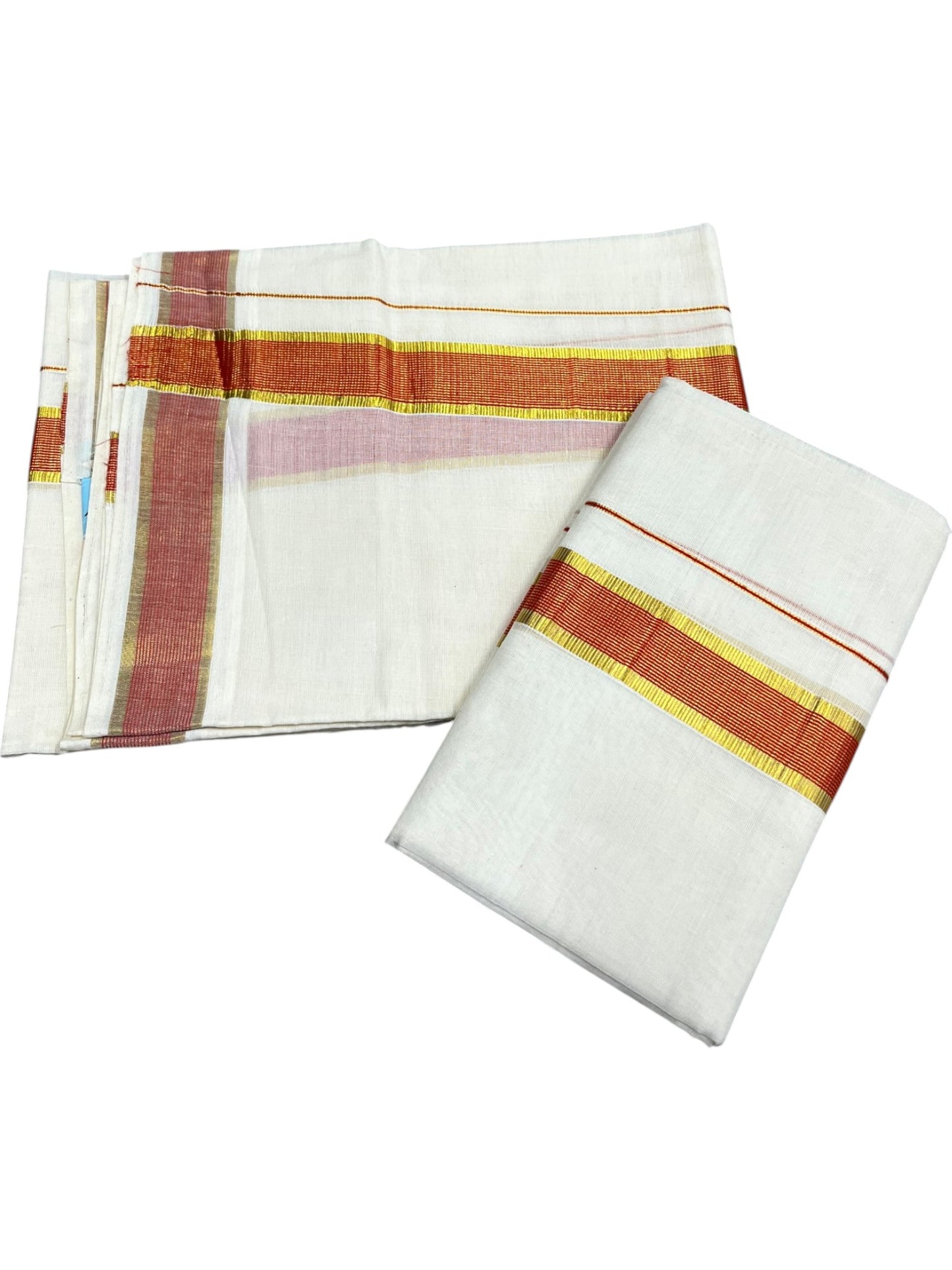 Southloom Pure Cotton Kerala Kasavu Set Mundu (Mundum Neriyathum) Kasavu & Orange Border in 2.80 Mtrs SLKK SL470