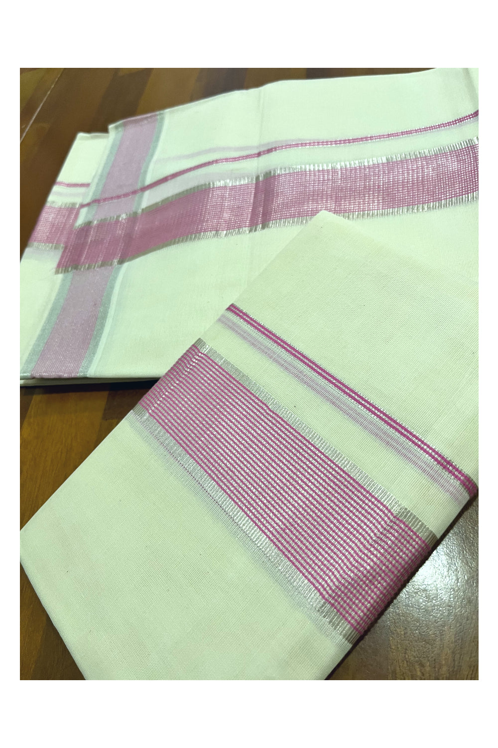 Kerala Cotton Single Set Mundu (Mundum Neriyathum) with Silver Kasavu and Pink Border 2.80 Mtrs