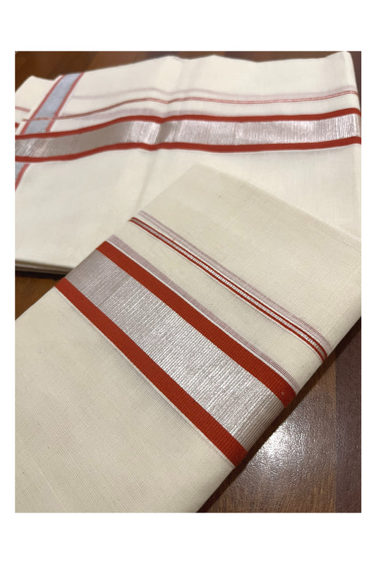 Kerala Cotton Mundum Neriyathum Single (Set Mundu) with Silver Kasavu and Orange Border 2.80 Mtrs