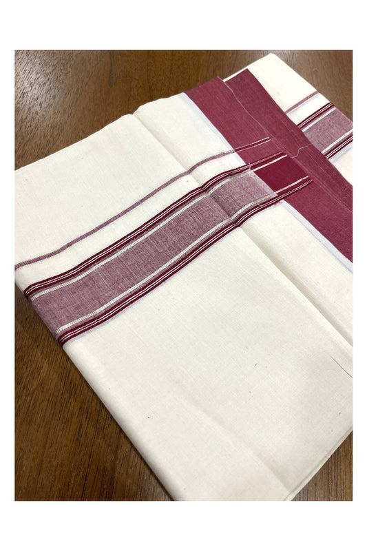 Pure Cotton Double Mundu with Silver Kasavu and Maroon Border (South Indian Kerala Dhoti)