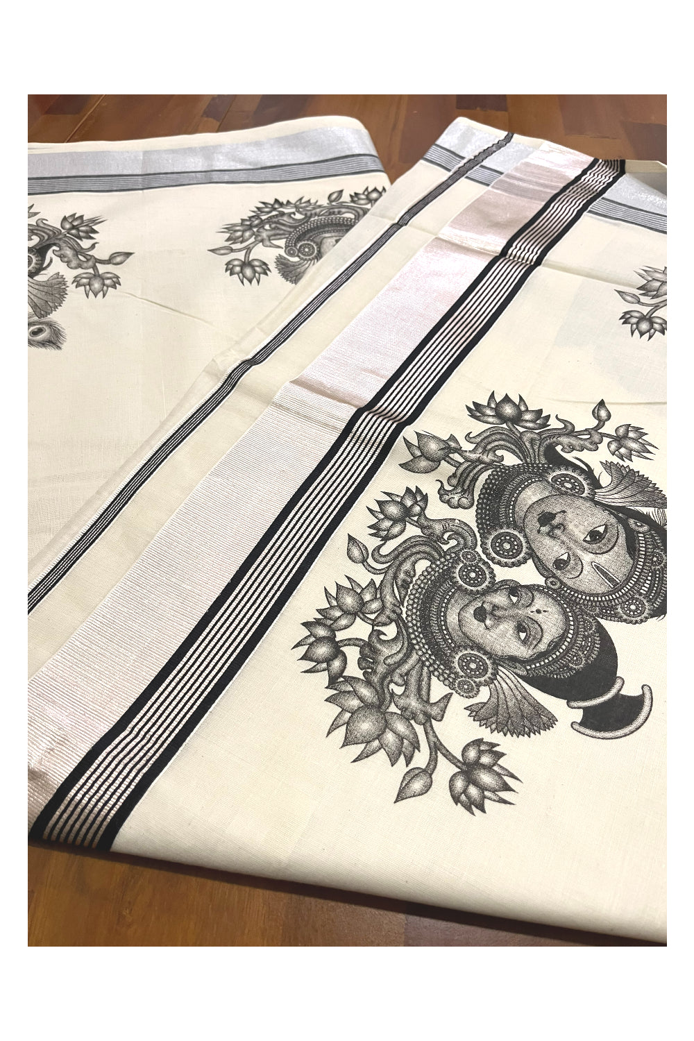 Pure Cotton Kerala Silver Kasavu Saree with Krishna Radha Face Mural Prints and Black Border (Onam Saree 2023)