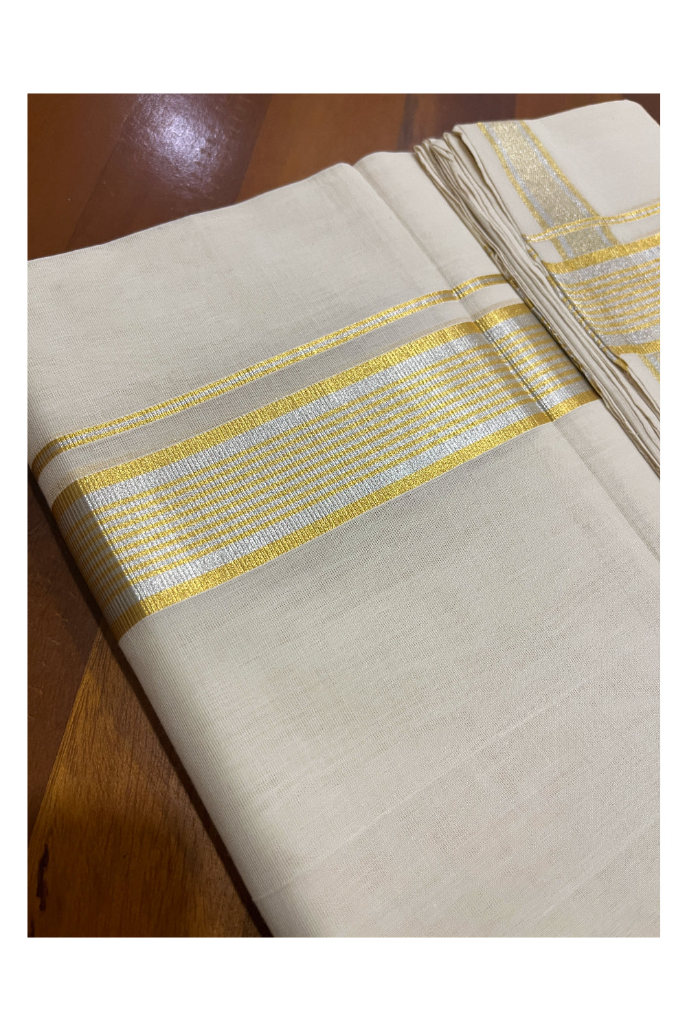 Southloom Super Premium Balaramapuram Unakkupaavu Handloom Mundu with Silver and Golden Kasavu Border (South Indian Kerala Dhoti)