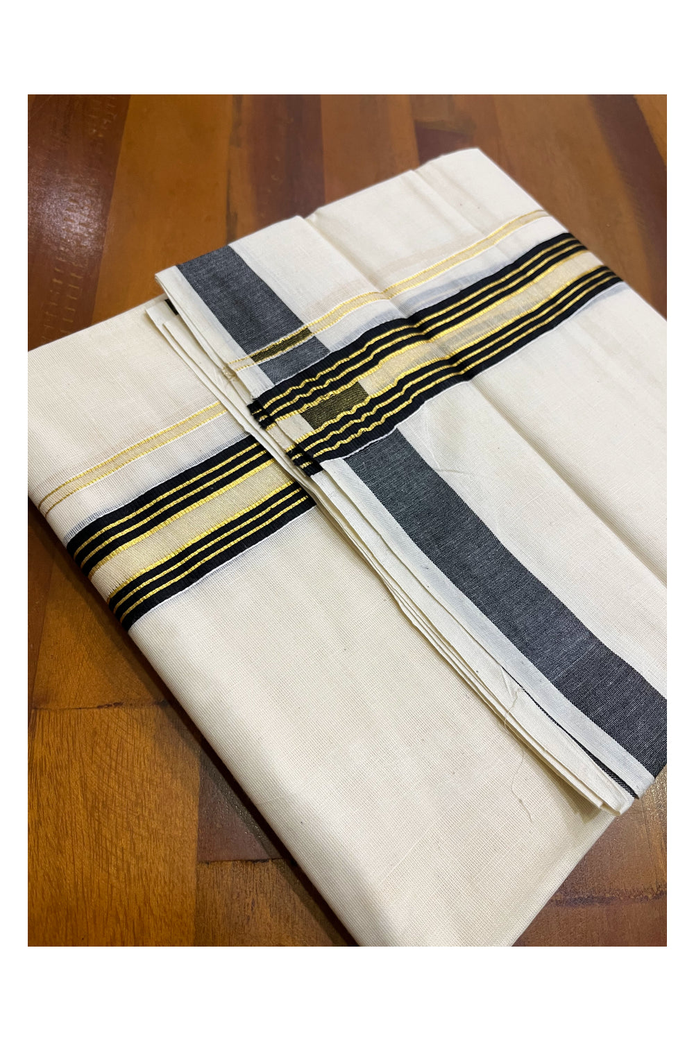 Kerala Pure Cotton Double Mundu with Black and Kasavu Lines Border (South Indian Kerala Dhoti)