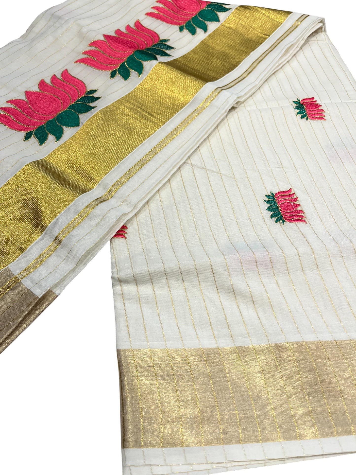 Southloom Kerala Cotton Kasavu Line Saree with Pink Lotus Embroidery Works