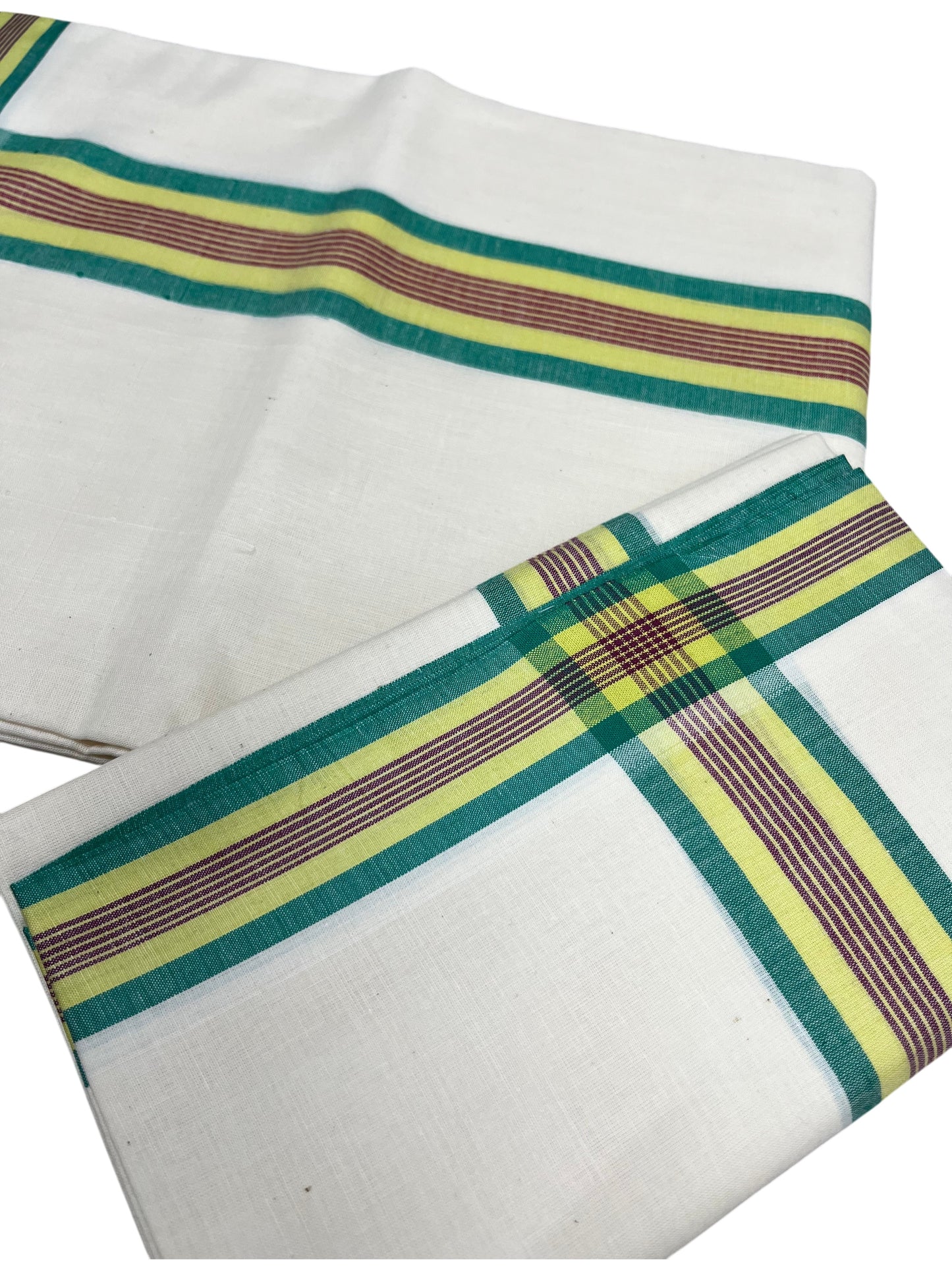 Southloom Kerala Mulloth Cotton Single Mundum Neriyathum with Green and Yellow Border SL243