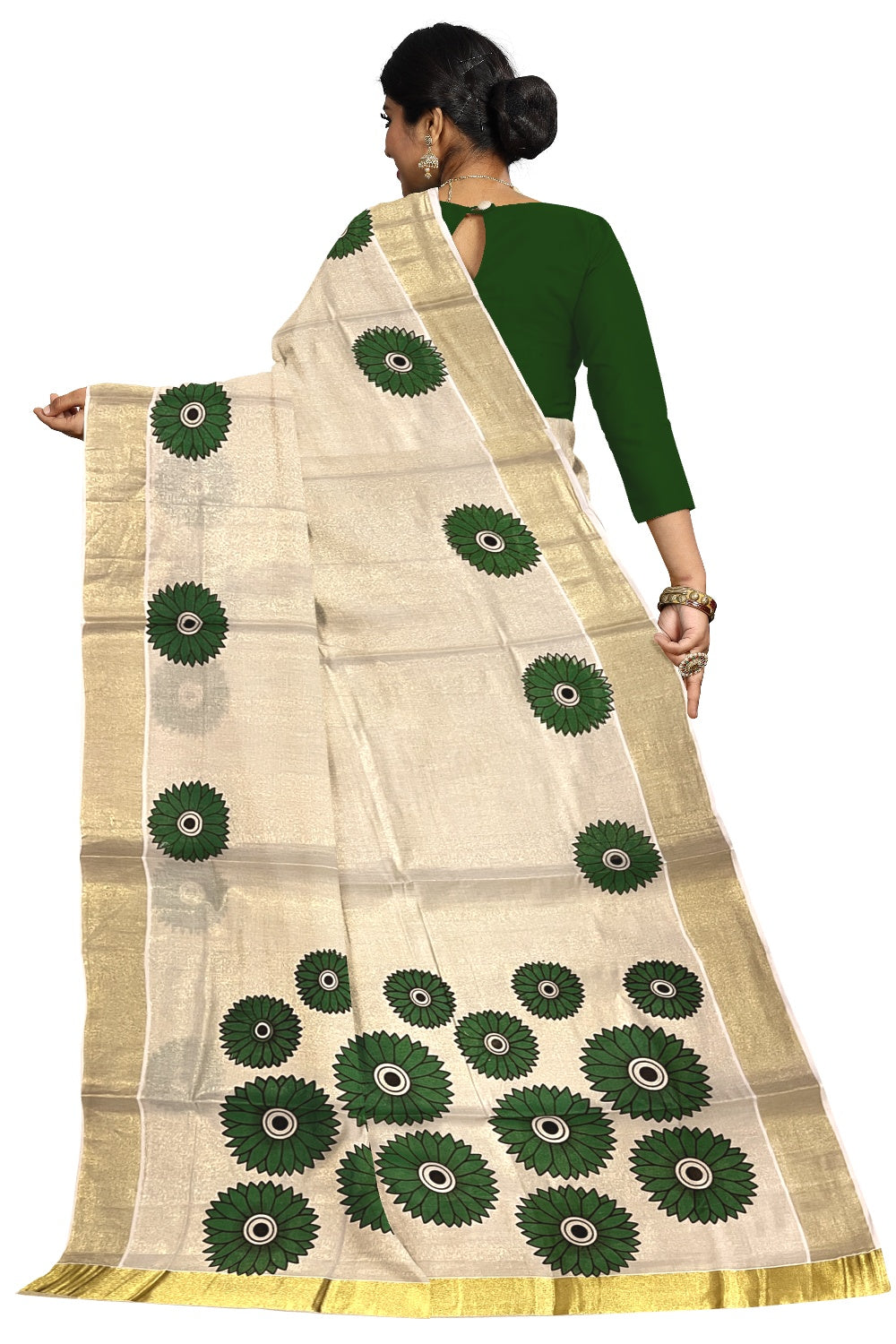 Southloom Exclusive Tissue Kasavu Saree With Green Sunflower Art On Body and Pallu