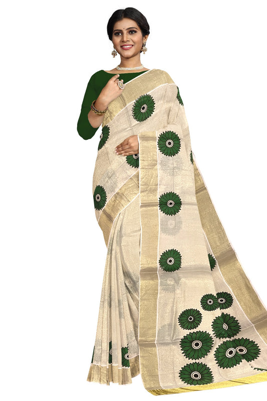 Southloom Exclusive Tissue Kasavu Saree With Green Sunflower Art On Body and Pallu