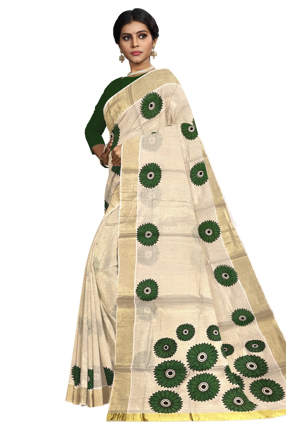 Southloom Exclusive Tissue Kasavu Saree With Green Sunflower Art On Body and Pallu