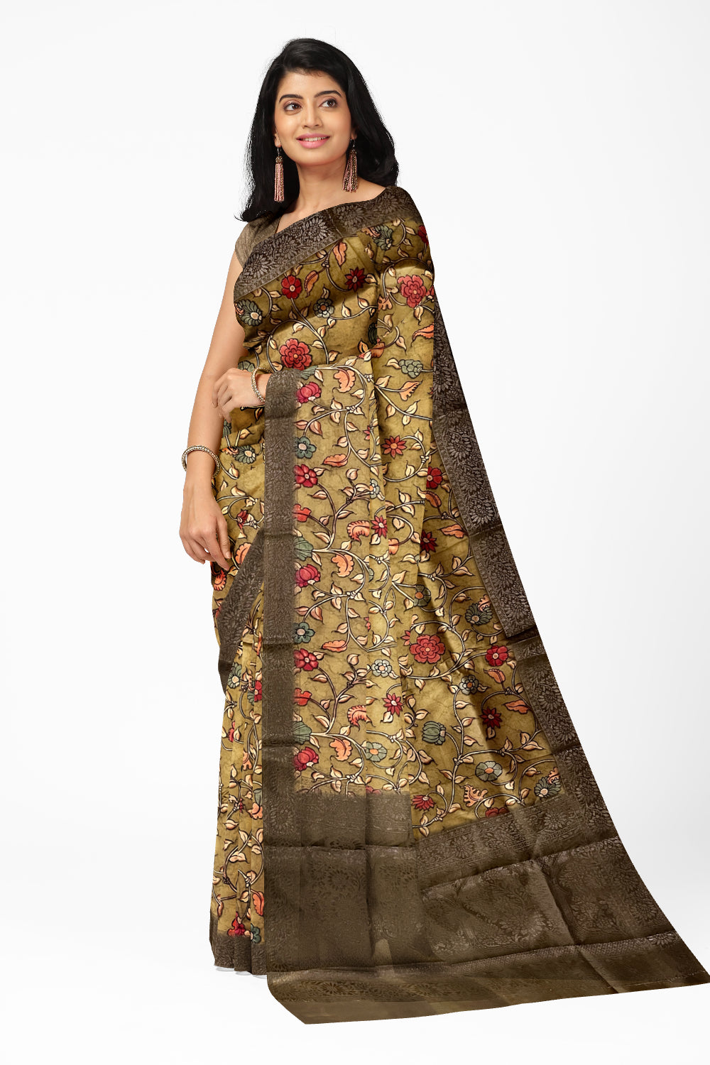 Southloom Semi Tussar Olive Green Floral Designer Saree