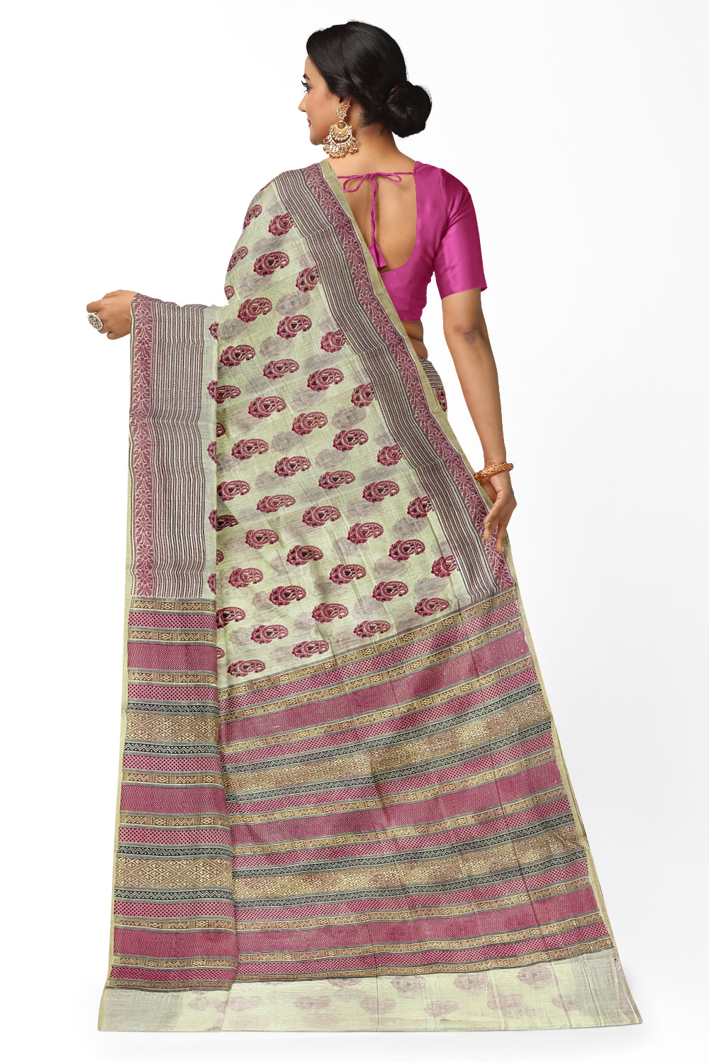 Southloom Cotton Light Brown Saree with Magenta Paisley Prints