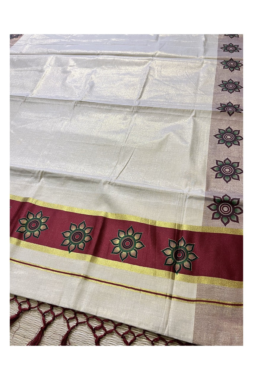 Kerala Tissue Kasavu Saree with Floral Block Prints in Maroon Border