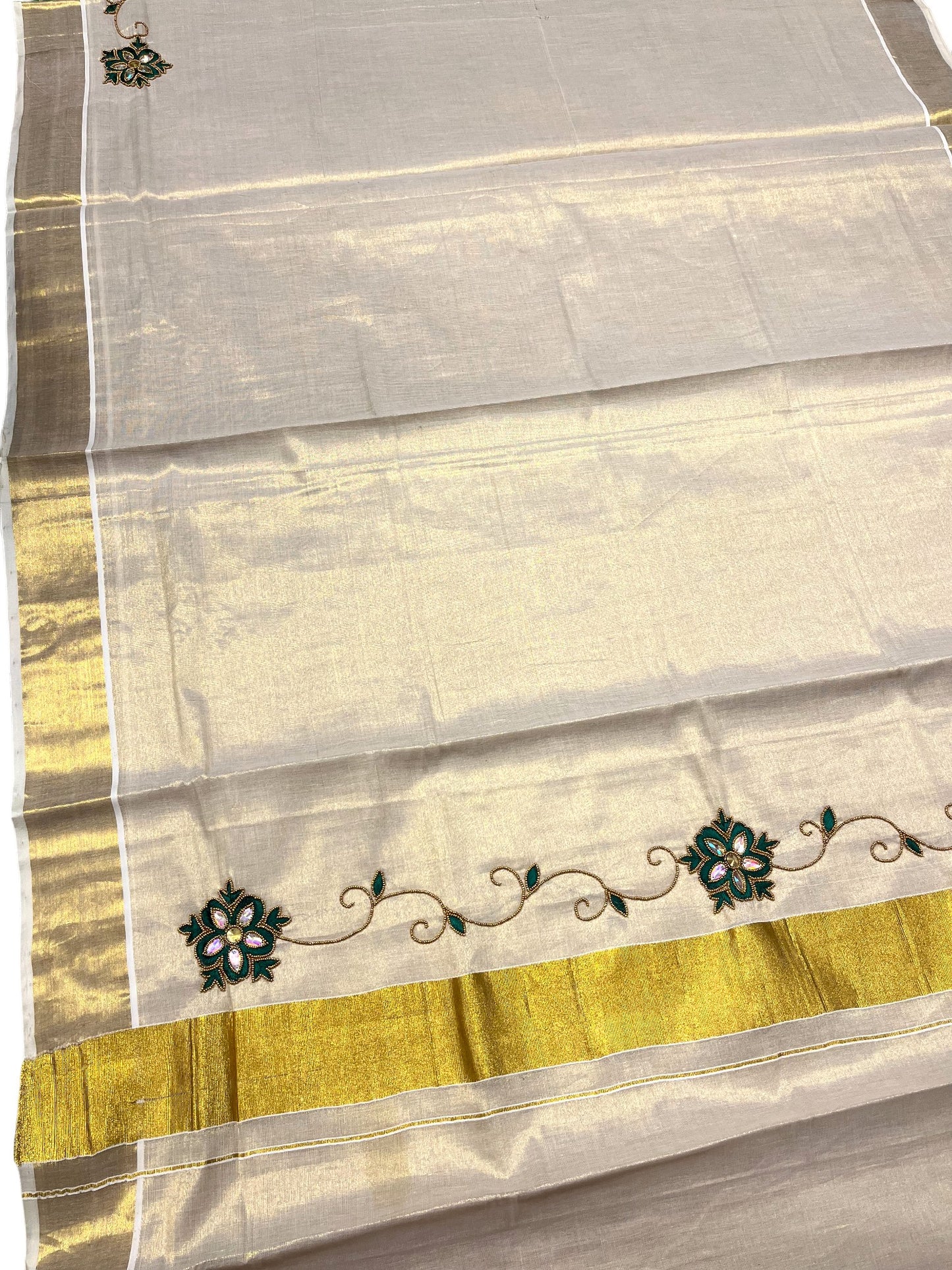 Southloom Kerala Tissue Kasavu Saree with Embroidery and Sequins Work