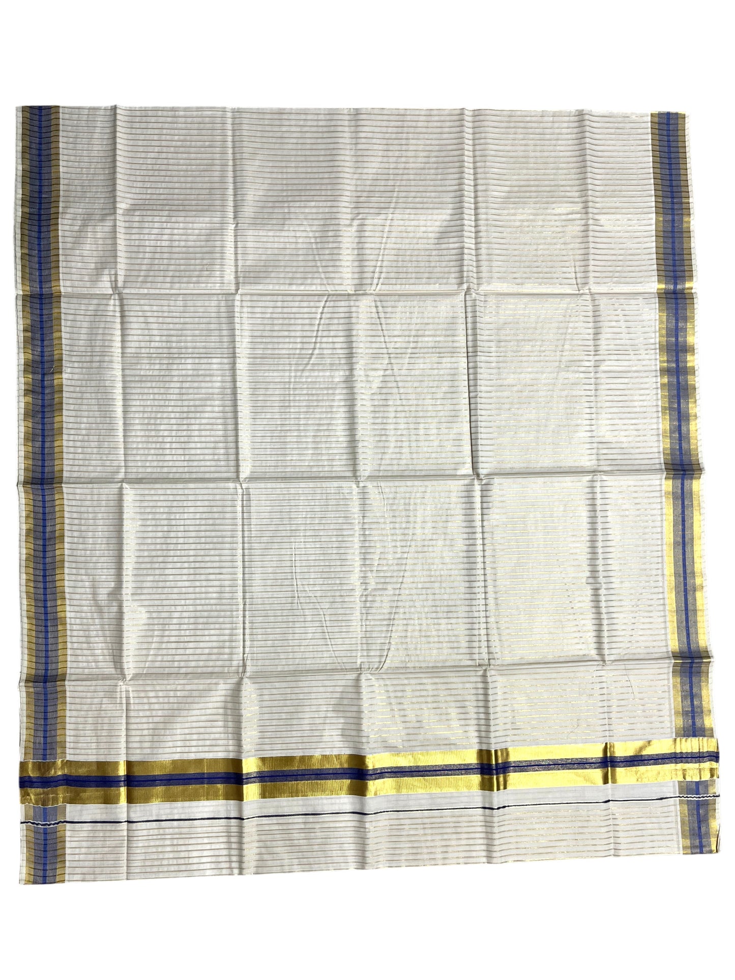 Southloom Pure Cotton Kerala Kasavu Lines Design Saree with Blue Border