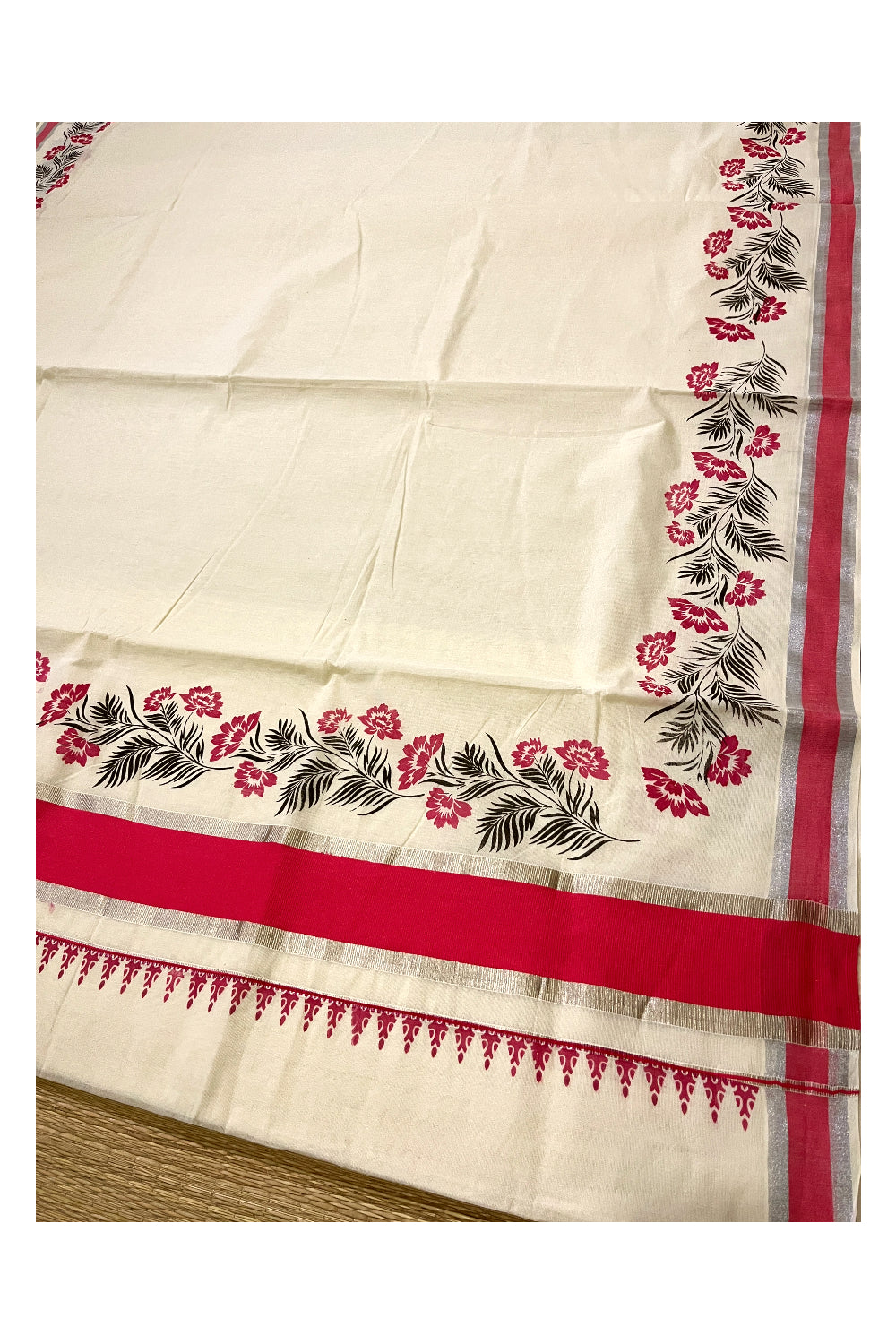 Pure Cotton Kerala Saree with Pink Black Floral Block Prints and Silver Pink Border