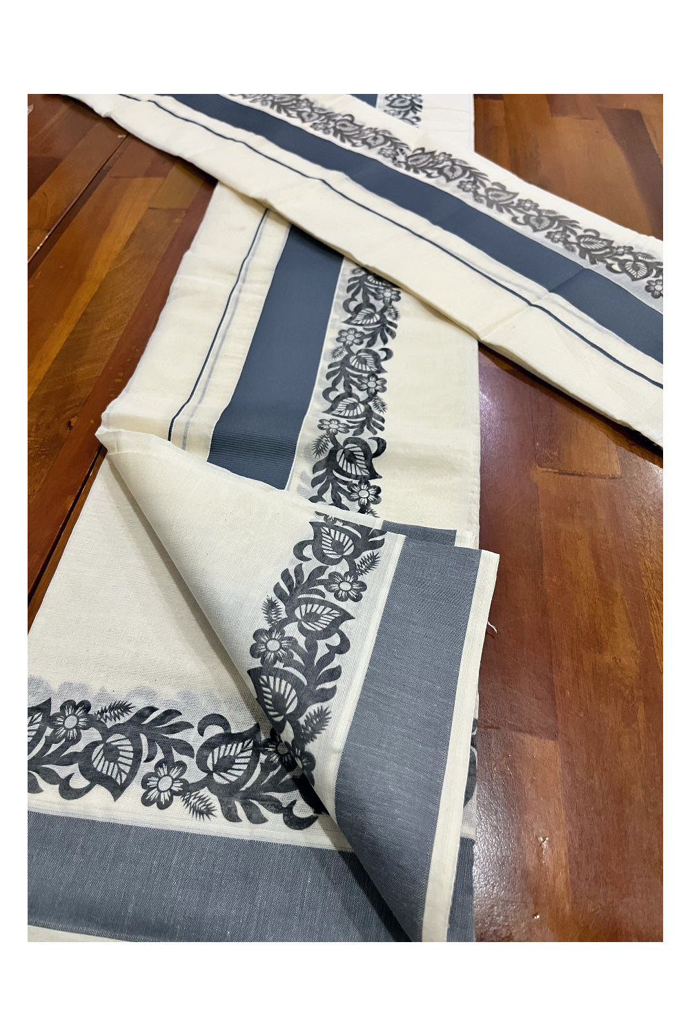 Kerala Pure Cotton Set Mundu Single (Mundum Neriyathum) with Grey Floral Block Prints