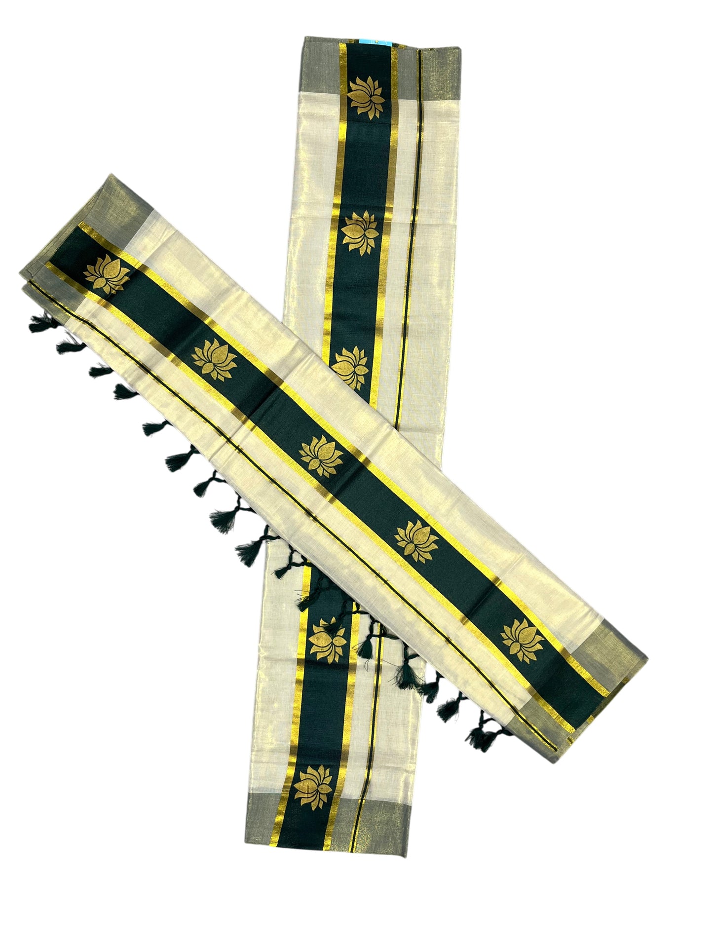 Southloom Kerala Cotton Kasavu Single Set Mundu (Mundum Neriyathum) with Lotus Design in Green