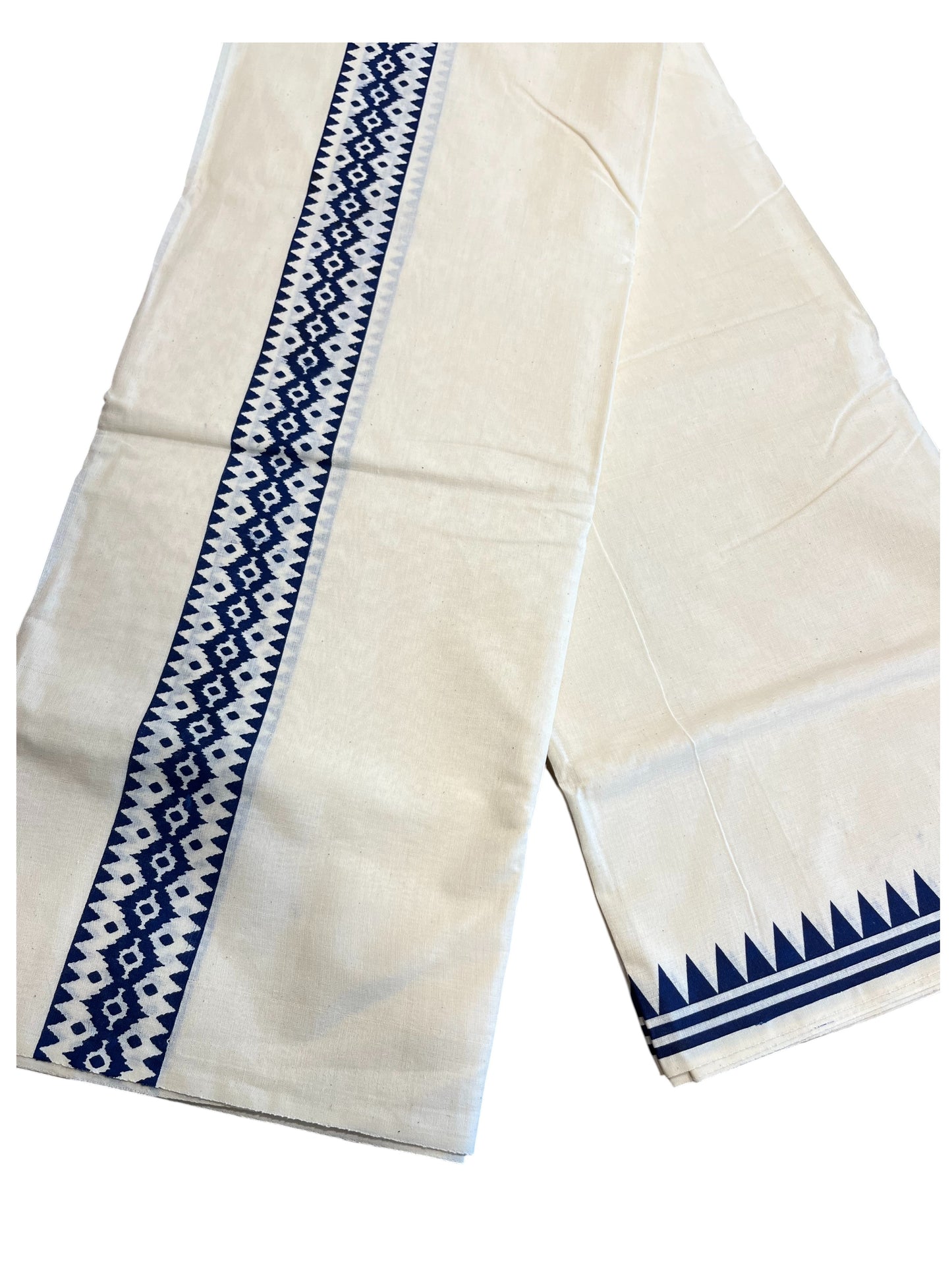 Southloom Pure Cotton Double Mundu with Block Prints on Blue Kara (South Indian Kerala Dhoti)