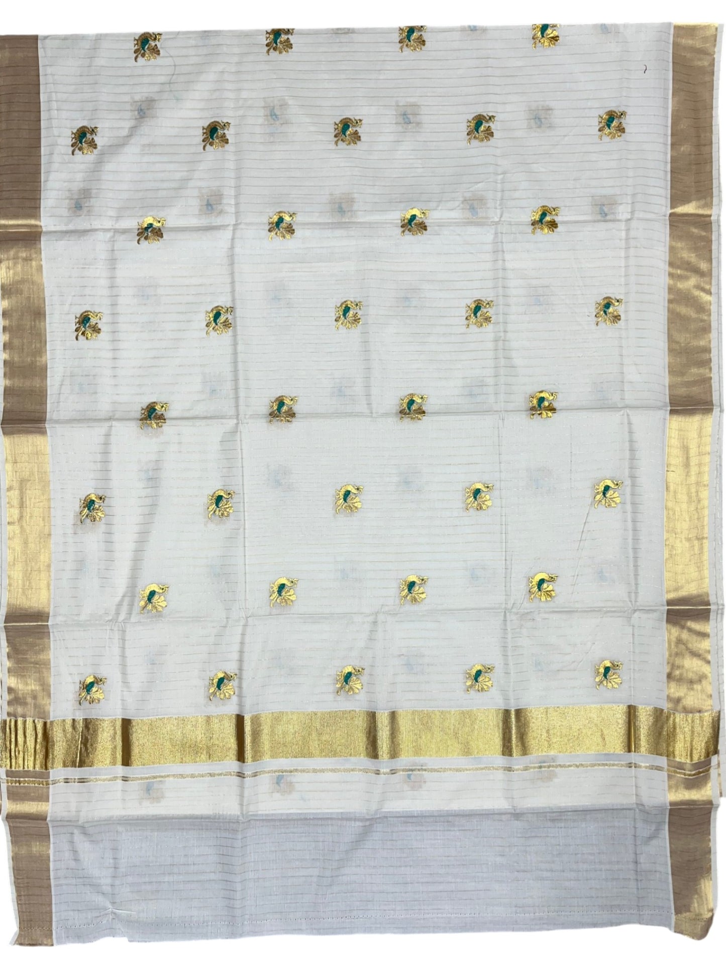Southloom Cotton Kerala Kasavu Lines Saree with Peacock Embroidery Work on Body in Peacock Green