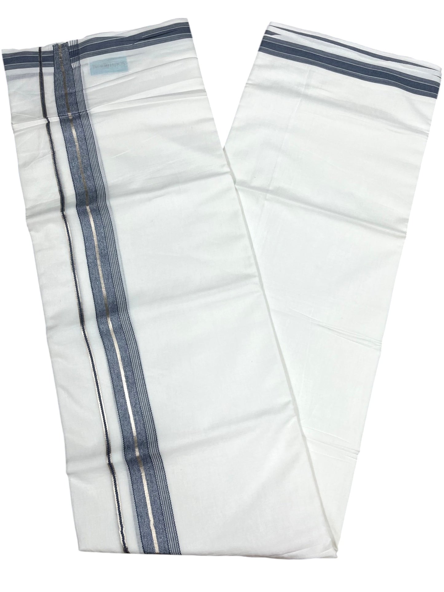 Southloom Kerala Pure White Cotton Double Mundu with Silver Line & Gray Border (South Indian Dhoti)