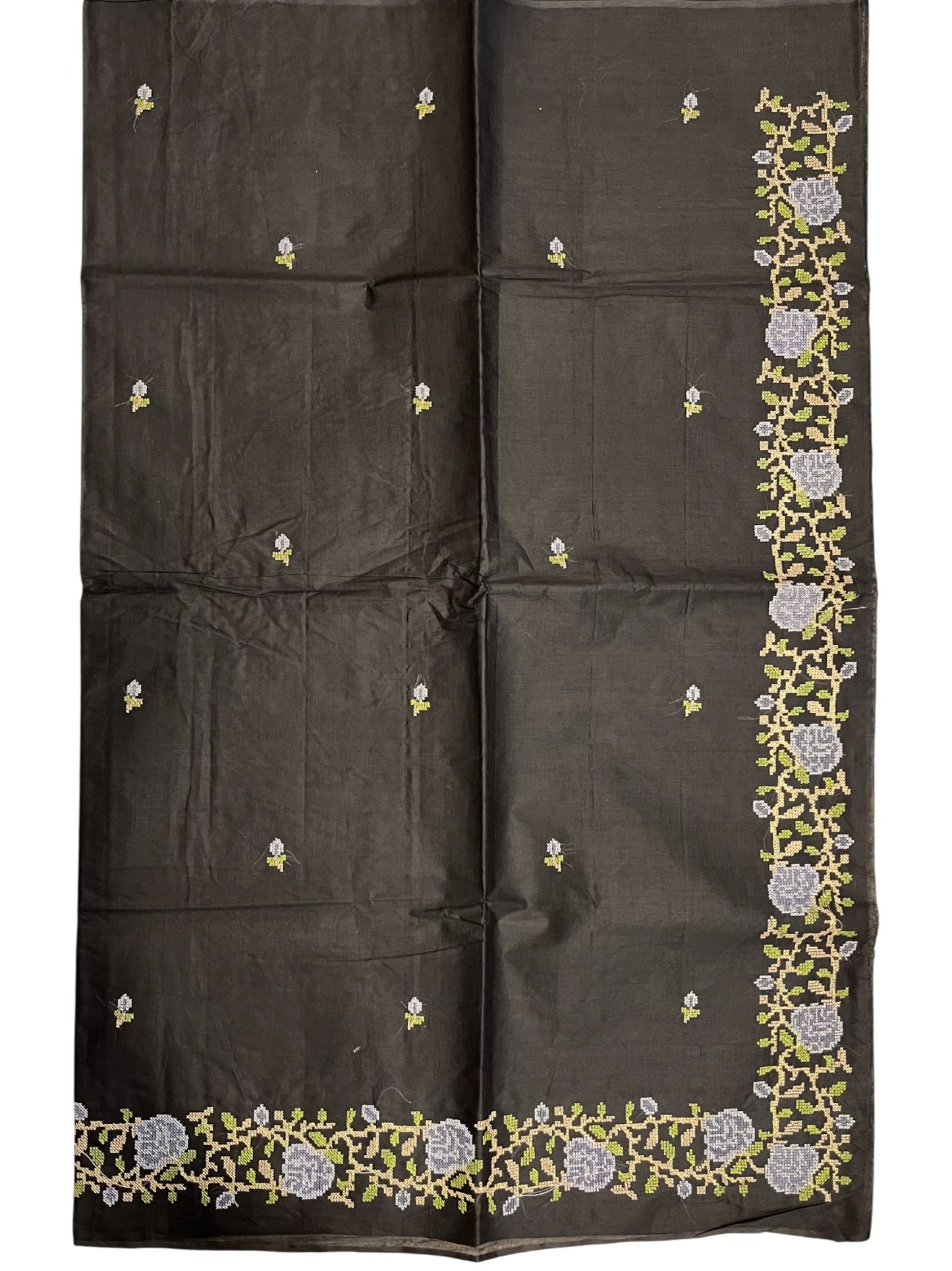 Southloom Cotton Saree with Floral Embroidery Works Across Body in Black