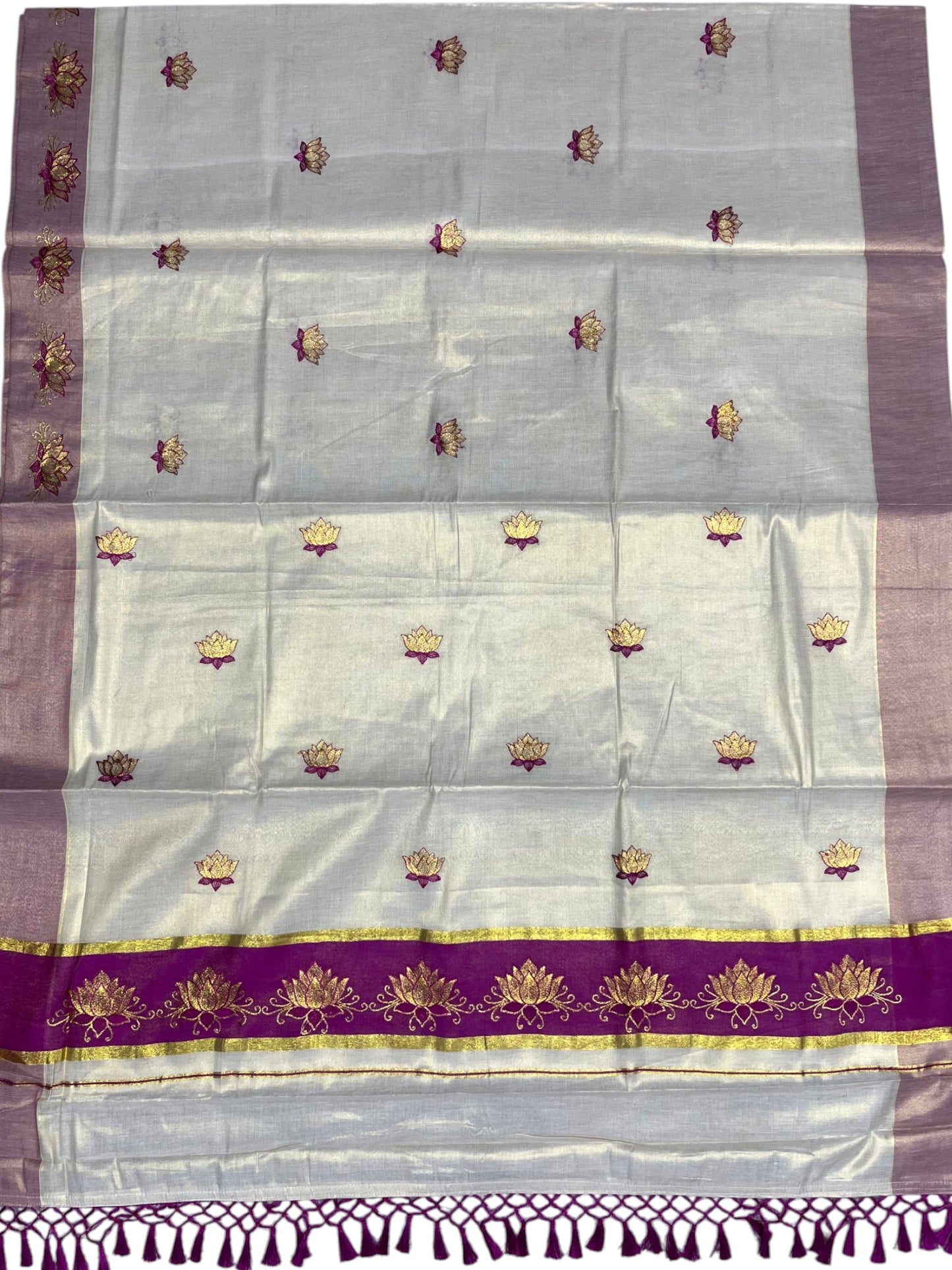 Southloom Kerala Tissue Kasavu Saree with Magenta And Golden Lotus Embroidary Designs on Body SL273