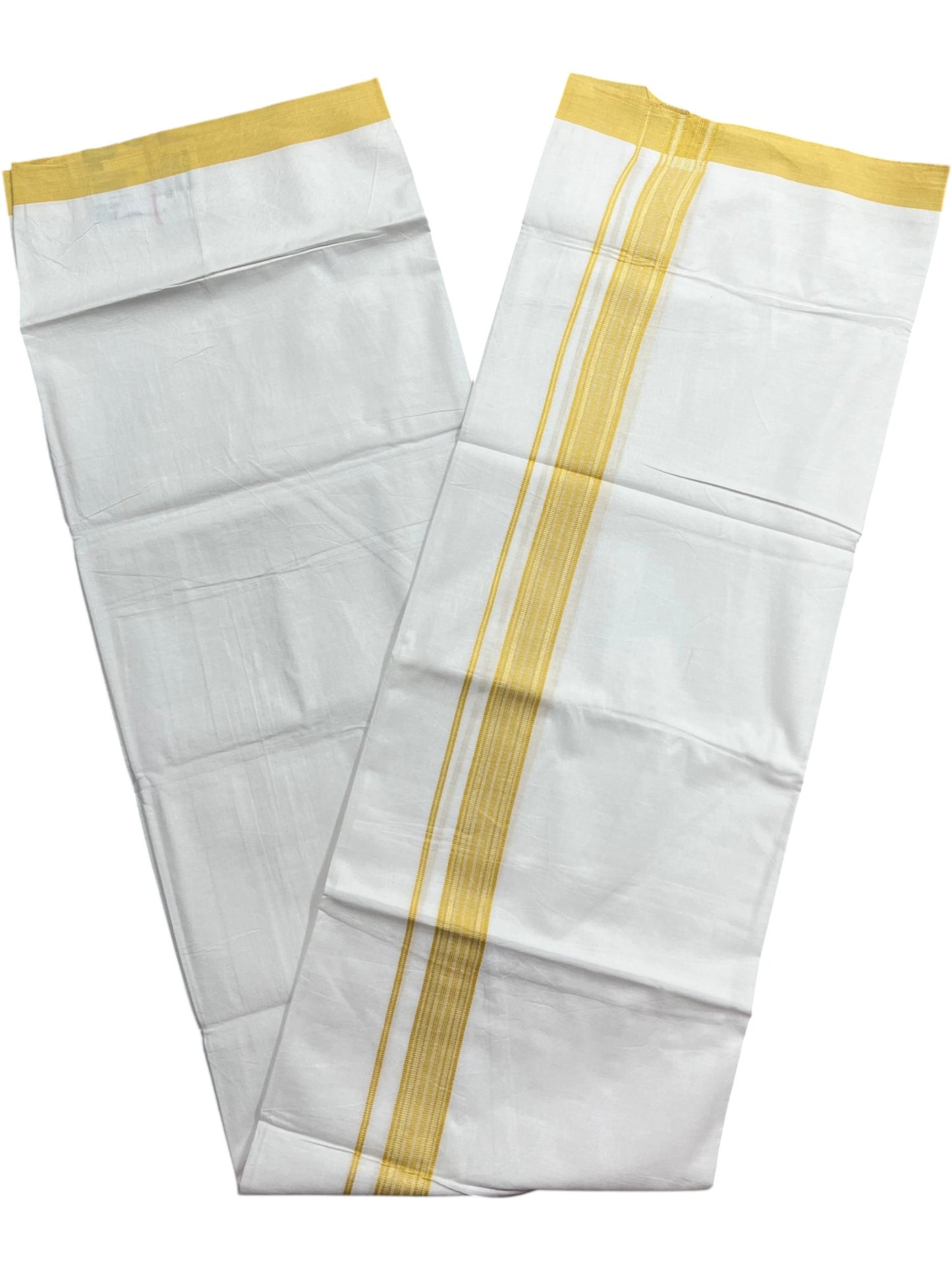 Southloom Pure White Cotton Mundu with Yellow Lines Border (South Indian Kerala Dhoti)