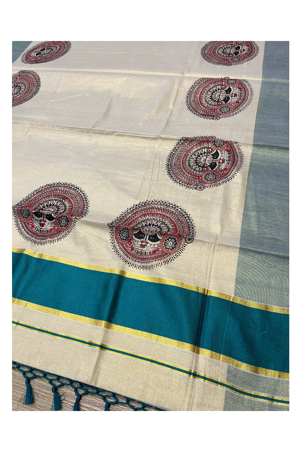 Kerala Tissue Kasavu Saree with Theyyam Mural Printed Designs and Teal Green Border