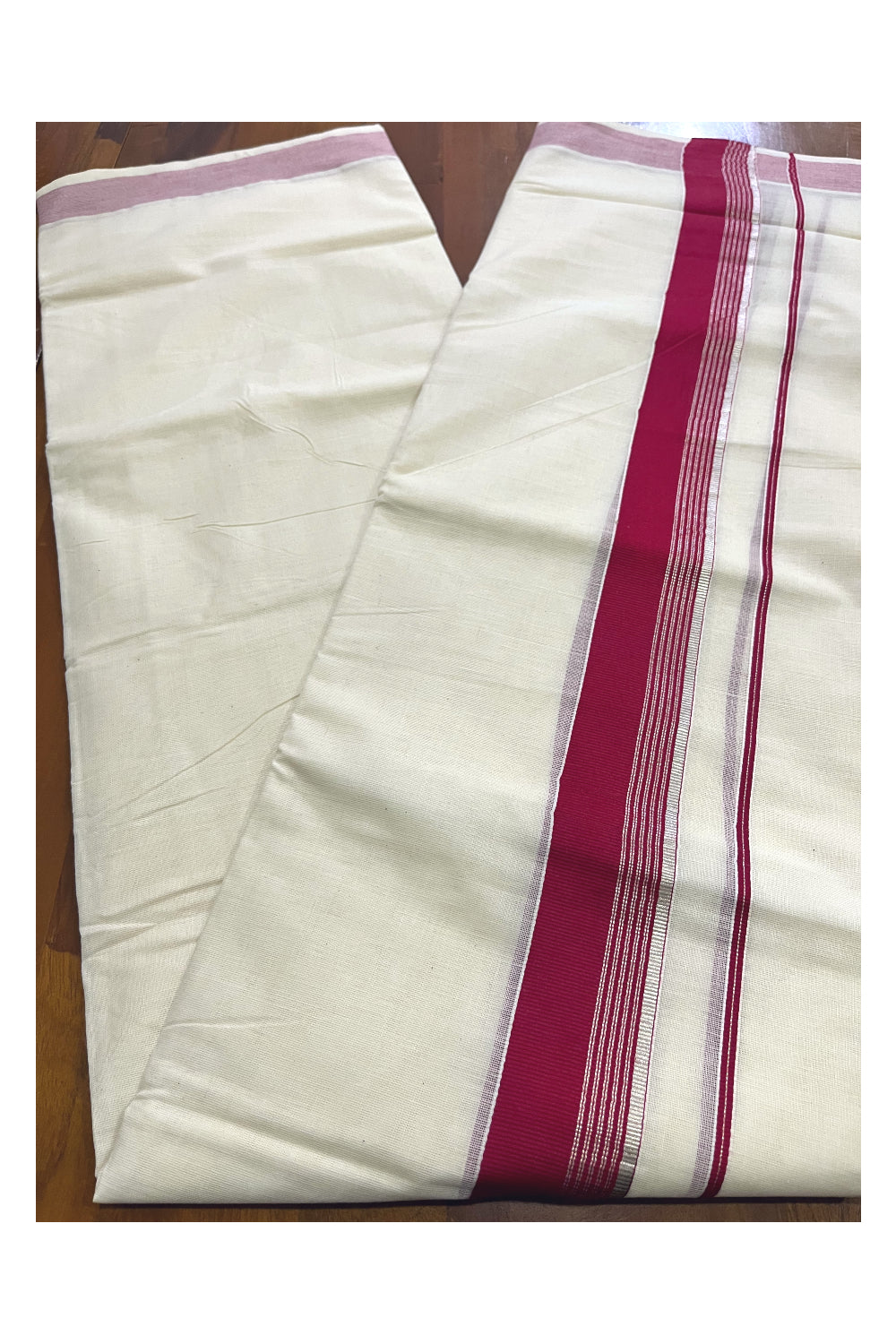 Off White Kerala Cotton Double Mundu with Silver Kasavu and Maroon Border (South Indian Kerala Dhoti)