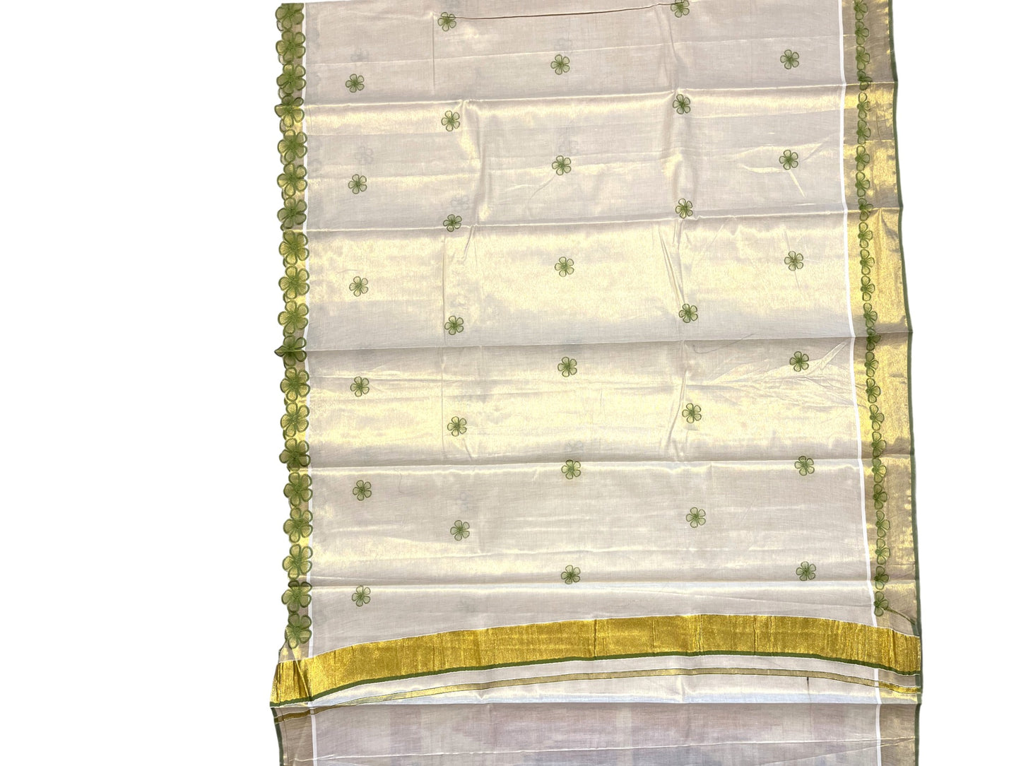 Southloom Kerala Tissue Kasavu Saree with Olive Green Floral Embroidery on Body and Border