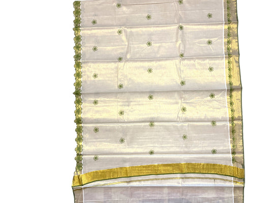 Southloom Kerala Tissue Kasavu Saree with Olive Green Floral Embroidery on Body and Border