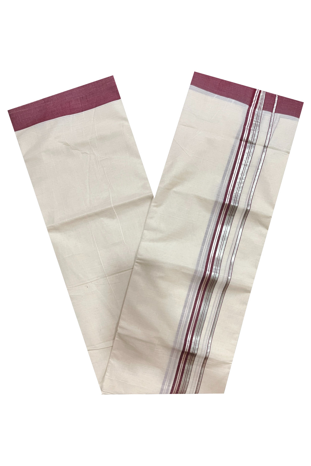 Pure Cotton 100x100 Double Mundu with Silver Kasavu and Maroon Border (Onam Mundu 2023)