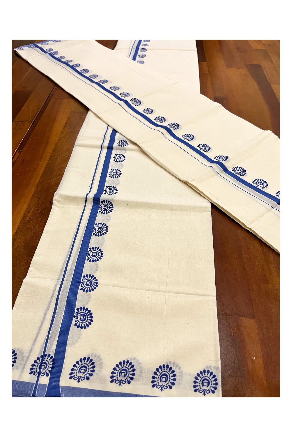 Kerala Pure Cotton Set Mundu Single (Mundum Neriyathum) with Blue Block Prints