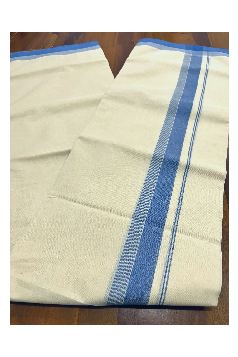 Pure Cotton 100x100 Double Mundu with Blue Line Border (South Indian Kerala Dhoti)