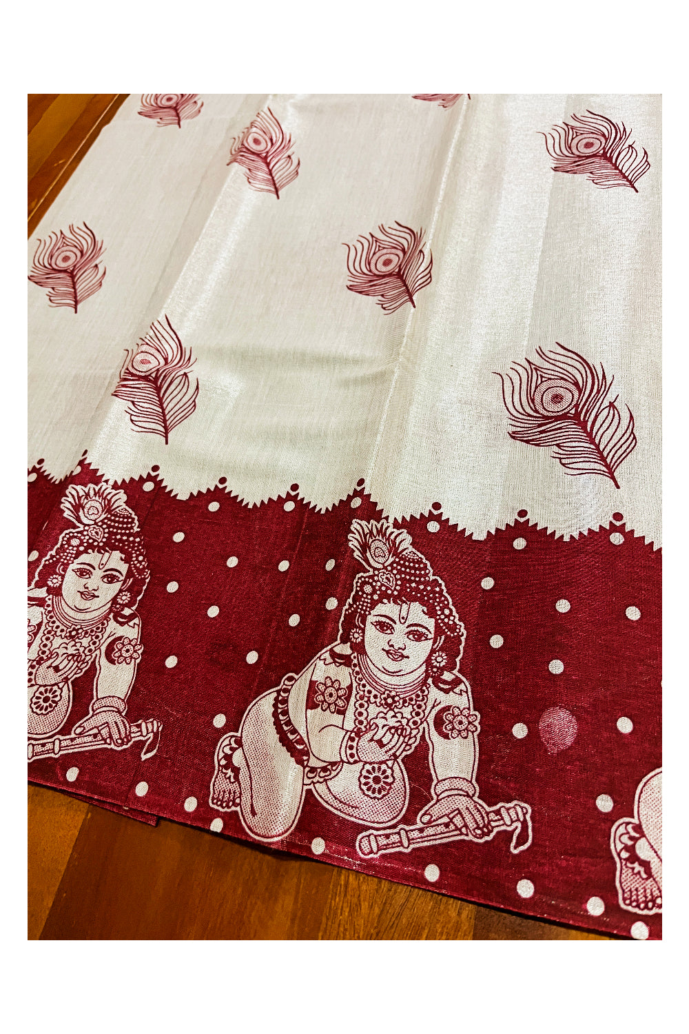 Kerala Silver Tissue Block Printed Pavada and Red Blouse Material for Kids 3 Meters