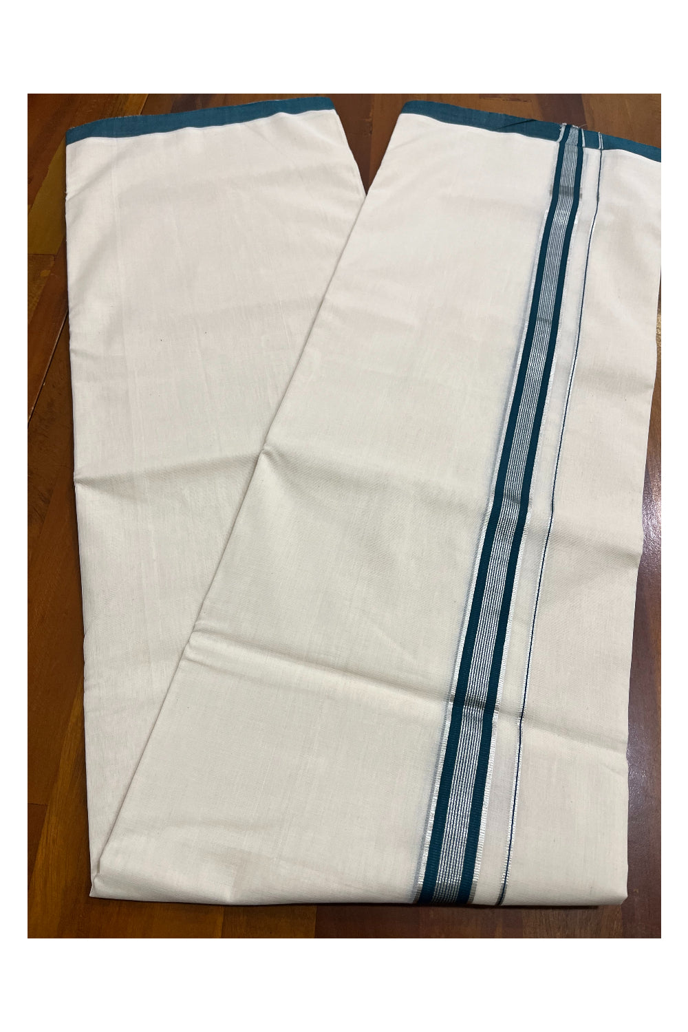 Premium Balaramapuram Handloom Unakkupaavu Cotton Double Mundu with Dark Green and Silver Kasavu Border (Onam 2024 Collection)