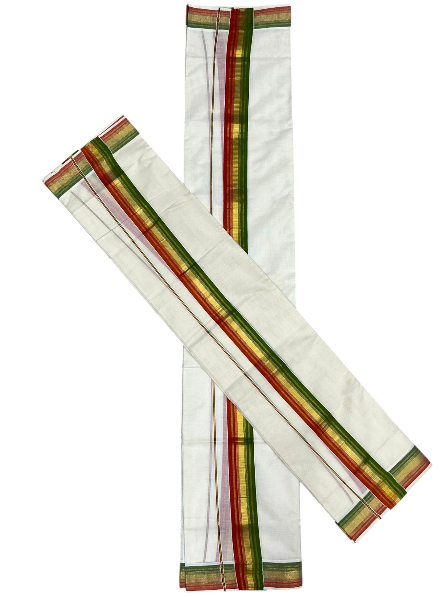 Southloom Kerala Cotton Kasavu Single Set Mundu (Mundum Neriyathum) with Orange and Olive Green Kasavu Border SLKK SL480