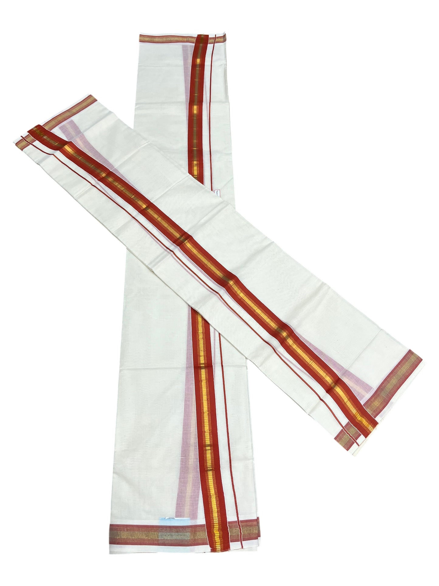 Southloom Kerala Cotton Single Set Mundu (Mundum Neriyathum) with Kasavu and Orange Border  SLKK