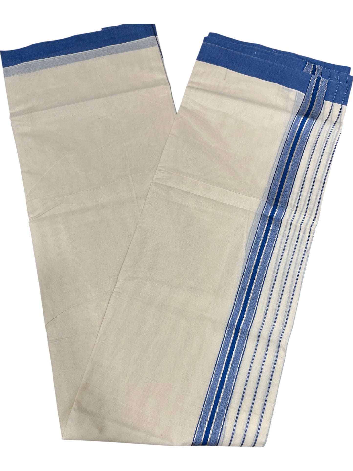 Southloom Kerala Pure Cotton Double Mundu with Blue And Silver Lines Border (South Indian Dhoti)