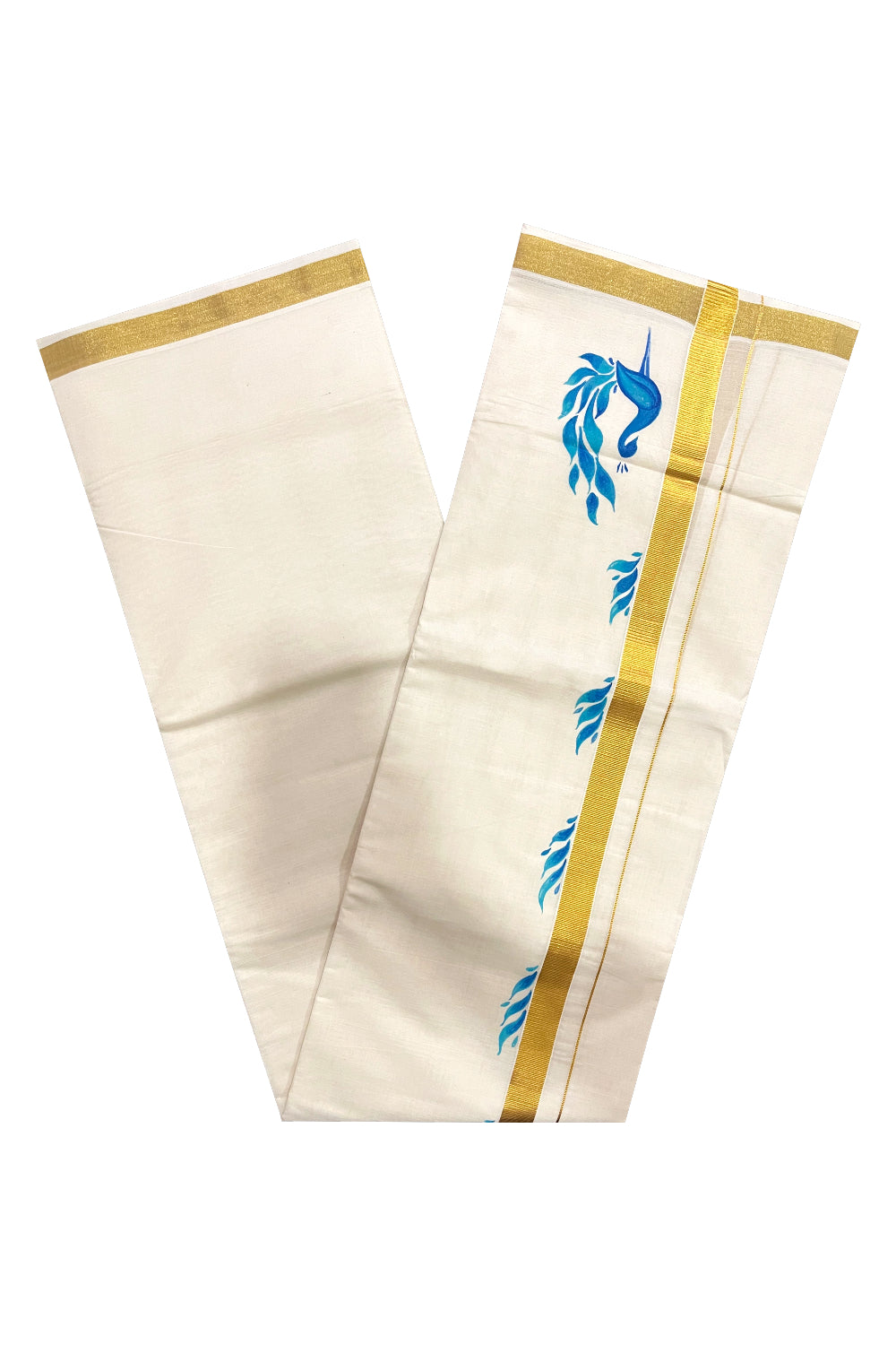 Kerala Pure Cotton Double Mundu with Blue Peacock Mural Painted Design on Kasavu Border (South Indian Kerala Dhoti)