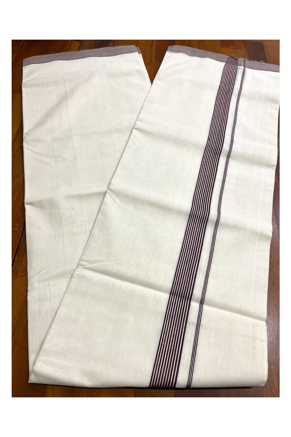 Premium Balaramapuram Handloom Unakkupaavu Cotton Double Mundu with Brown Line Border (Vishu 2024 Collection)