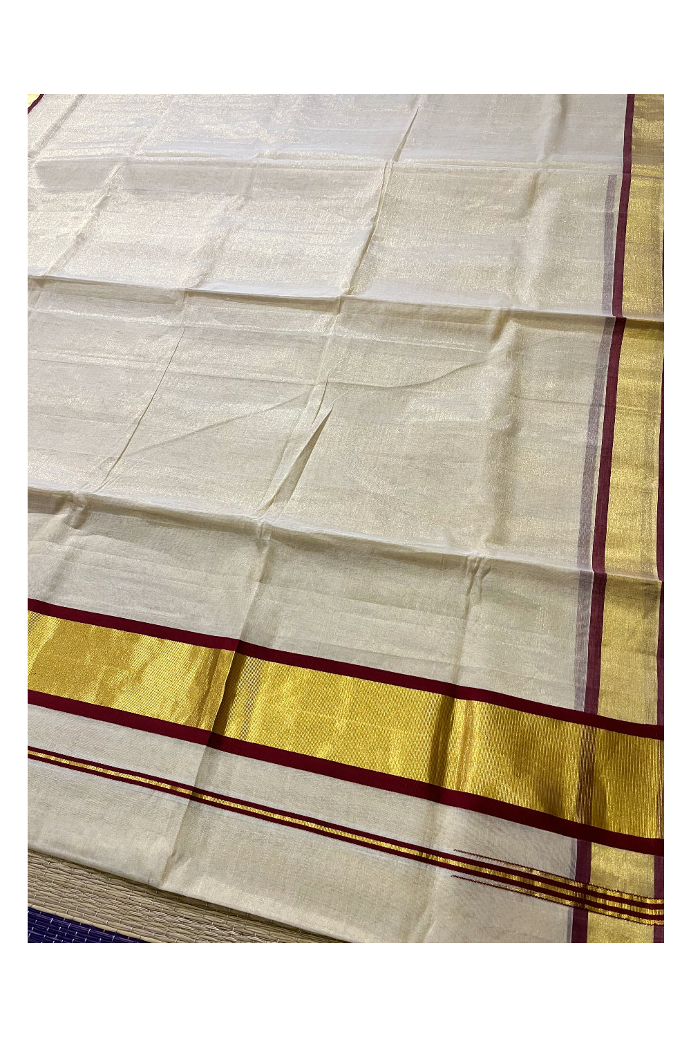 Southloom™ Premium Handloom Tissue Saree with Kasavu and Maroon Border