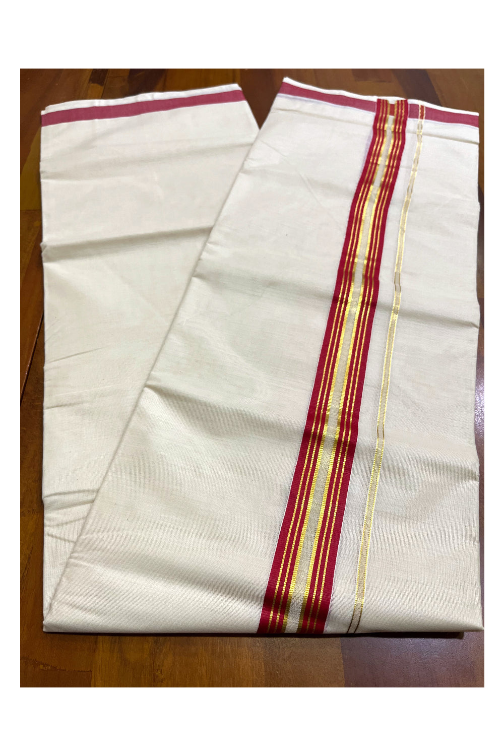 Kerala Pure Cotton Double Mundu with Red and Kasavu Lines Border (South Indian Kerala Dhoti)