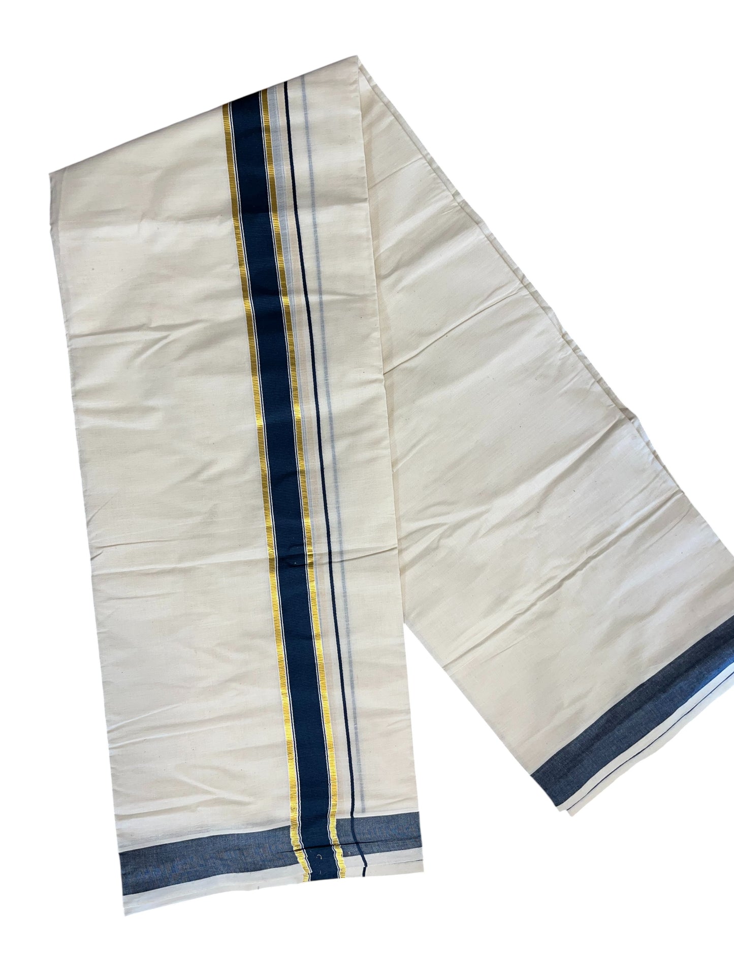 Southloom Pure Cotton Mundu with Gold Kasavu and Blue Colour Border (South Indian Kerala Dhoti)