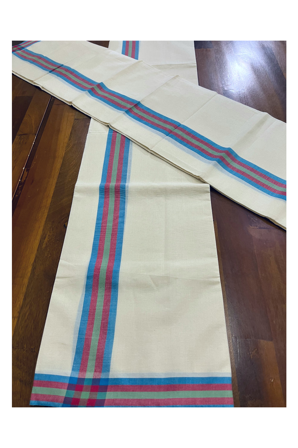 Kerala Mulloth Cotton Single Mundum Neriyathum with Blue Maroon Green Border (Extra Soft Cotton)