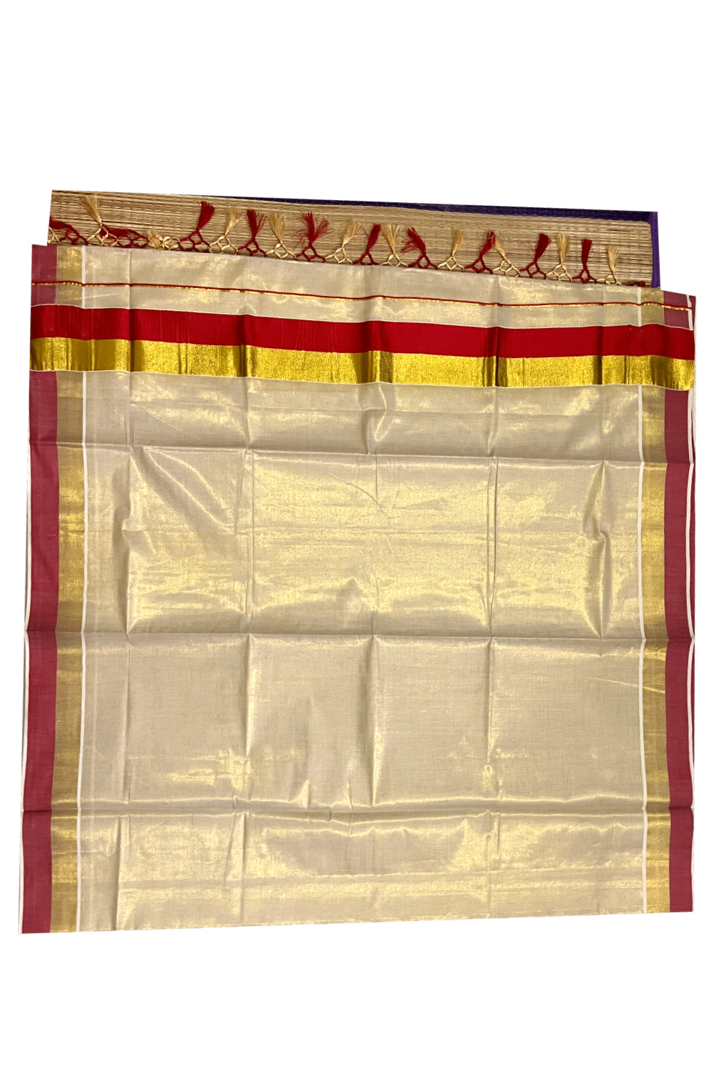 Kerala Tissue Kasavu Plain Saree with Kasavu and Red Border